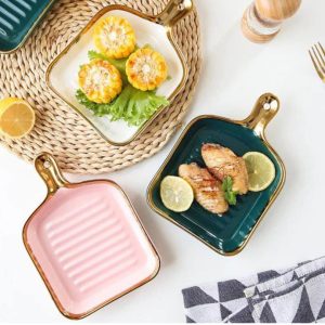 Porcelain Gold ring snack plate with handle
